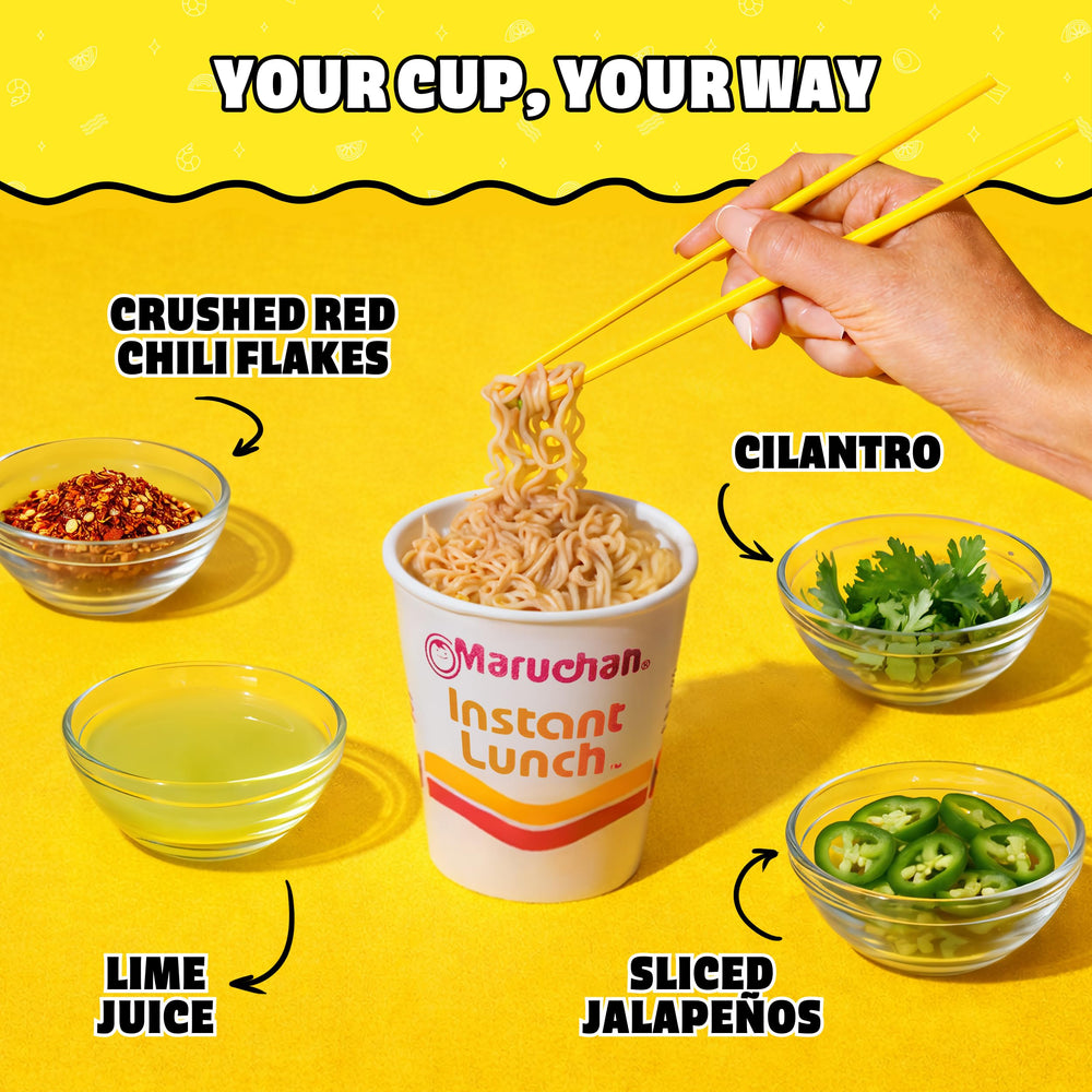 Twelve-pack of Maruchan cups stacked on shelf showing convenient pantry stocking benefit