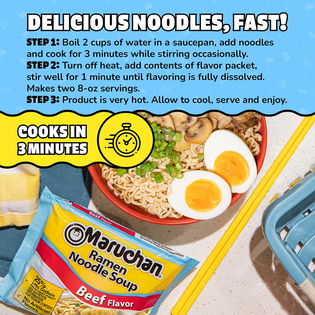Maruchan ramen topped with egg and veggies for a balanced meal