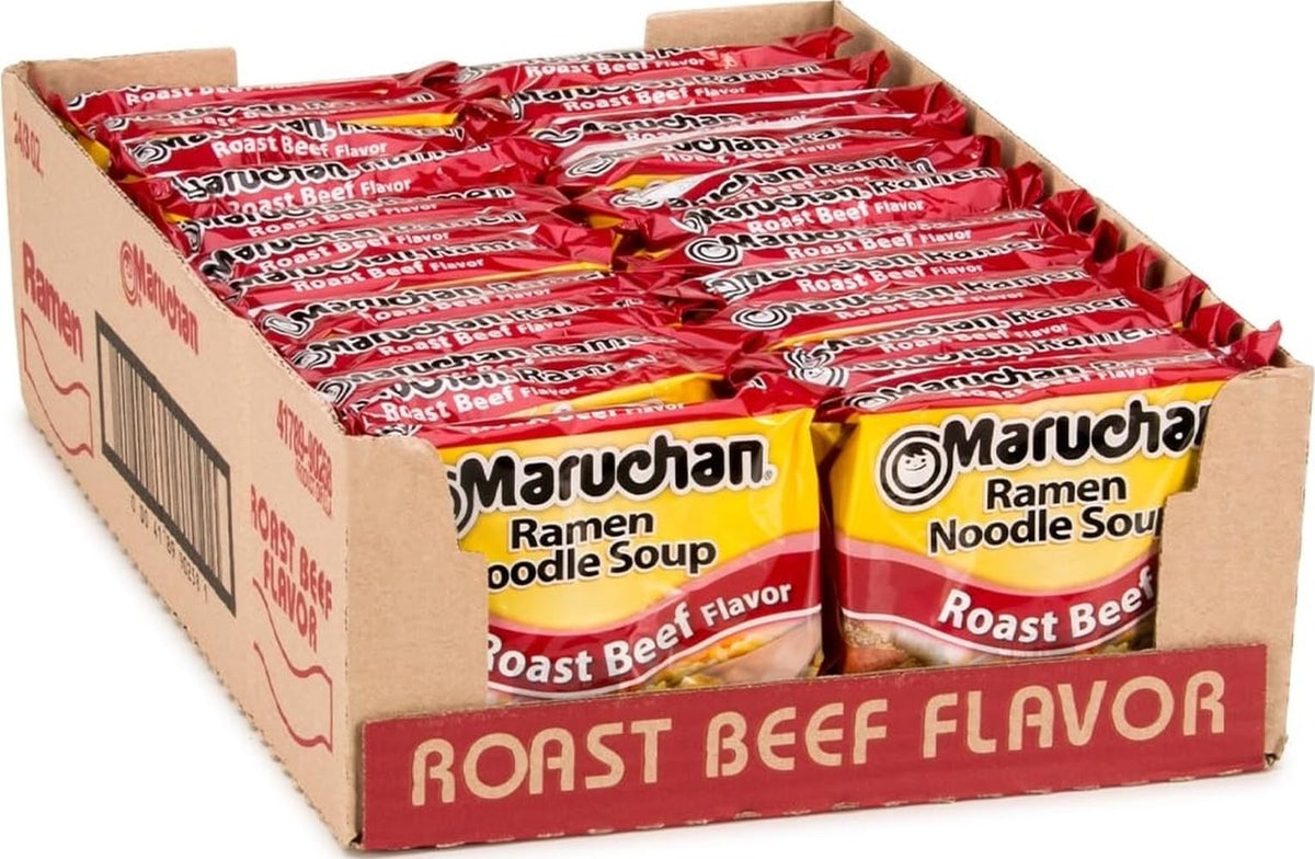 Maruchan roast beef front packaging showing product and convenience benefit