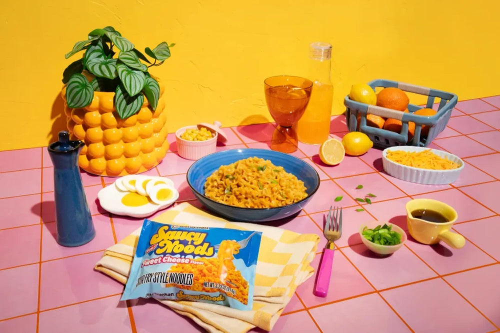 Maruchan noodles plated in kitchen setting, fast satisfying meal idea