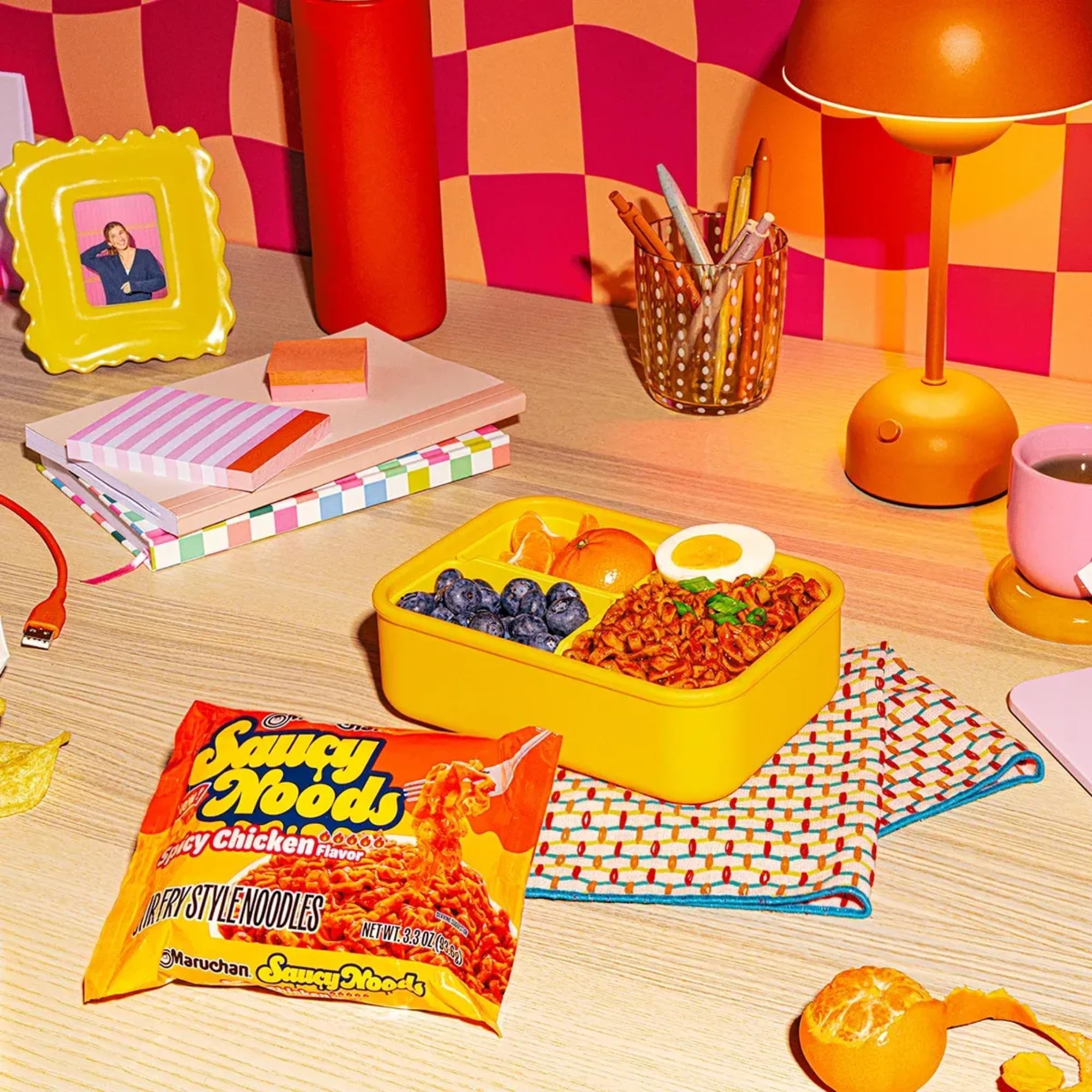Maruchan pack next to common objects for scale, convenient single-serve