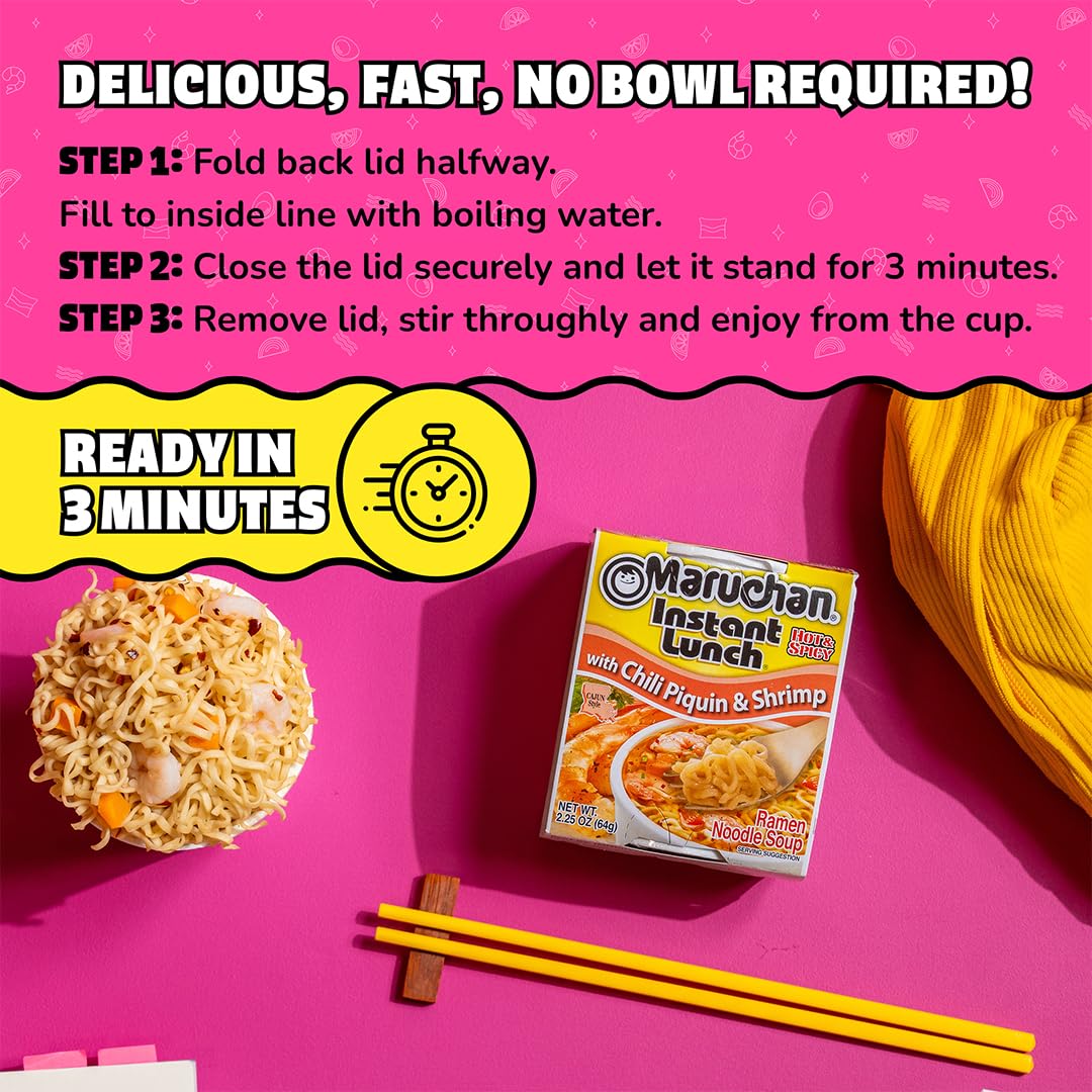 Maruchan cup served with added shrimp and vegetables illustrating easy meal upgrades
