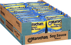 Maruchan front packaging showing soy sauce flavor and quick meal benefit