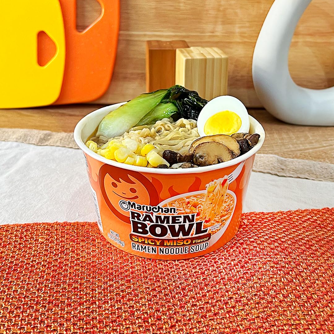 Maruchan bowl served with toppings demonstrating fast, satisfying meal