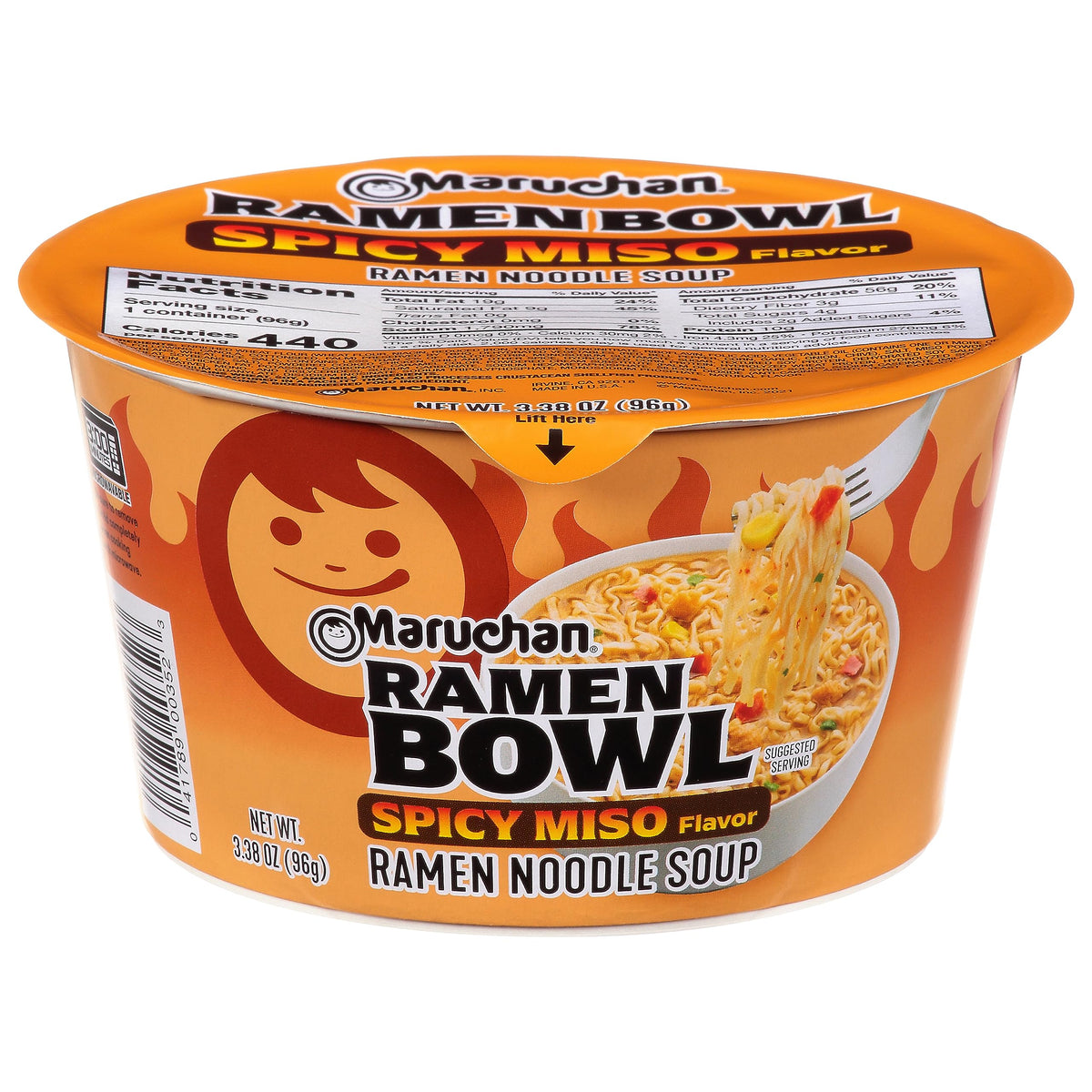 Maruchan front packaging showing spicy miso bowl and quick meal benefit