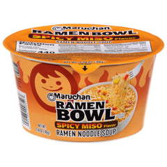 Maruchan front packaging showing spicy miso bowl and quick meal benefit