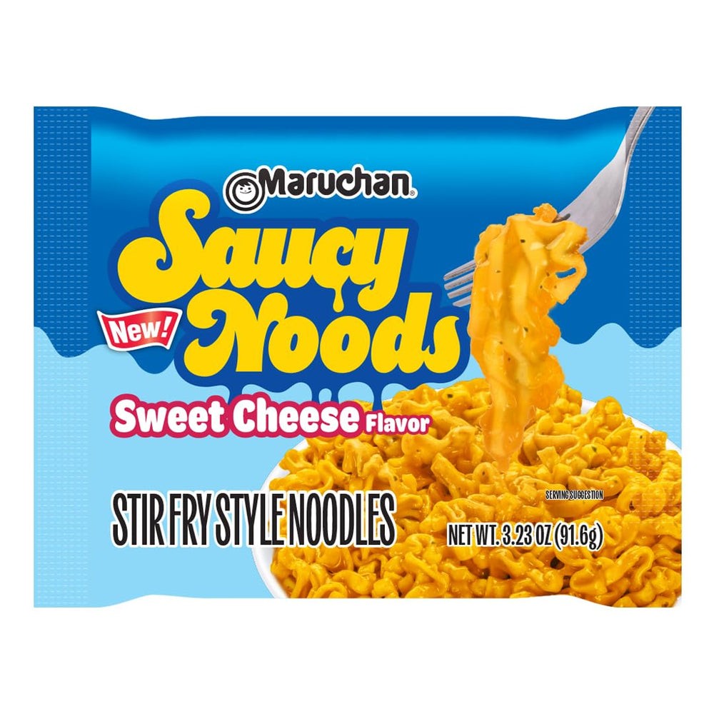 Maruchan close-up of wide noodle texture showing sauce cling for saucy mouthfeel