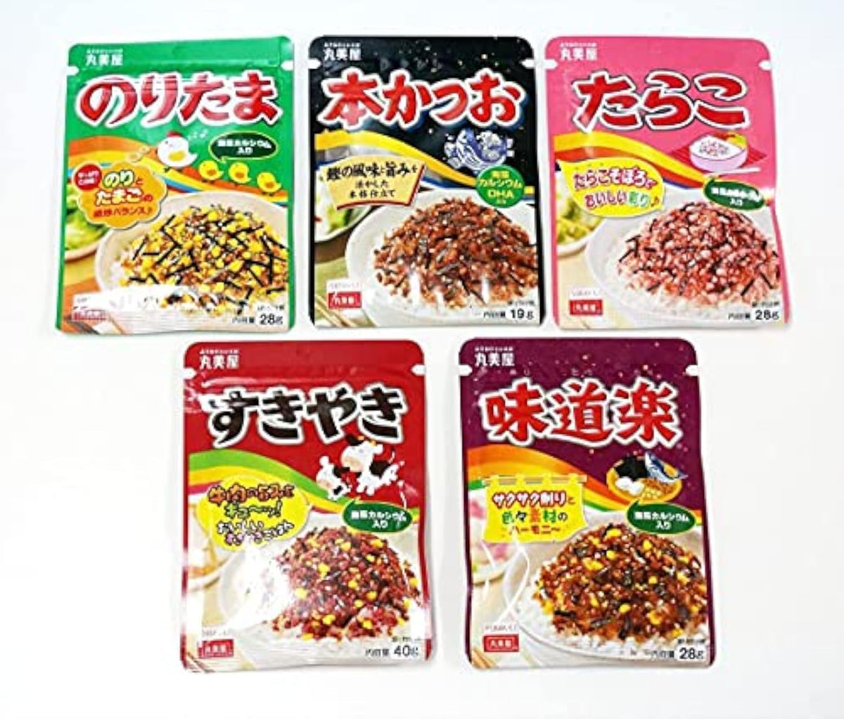 Marumiya front packaging showing five furikake packs and flavor labels for easy selection