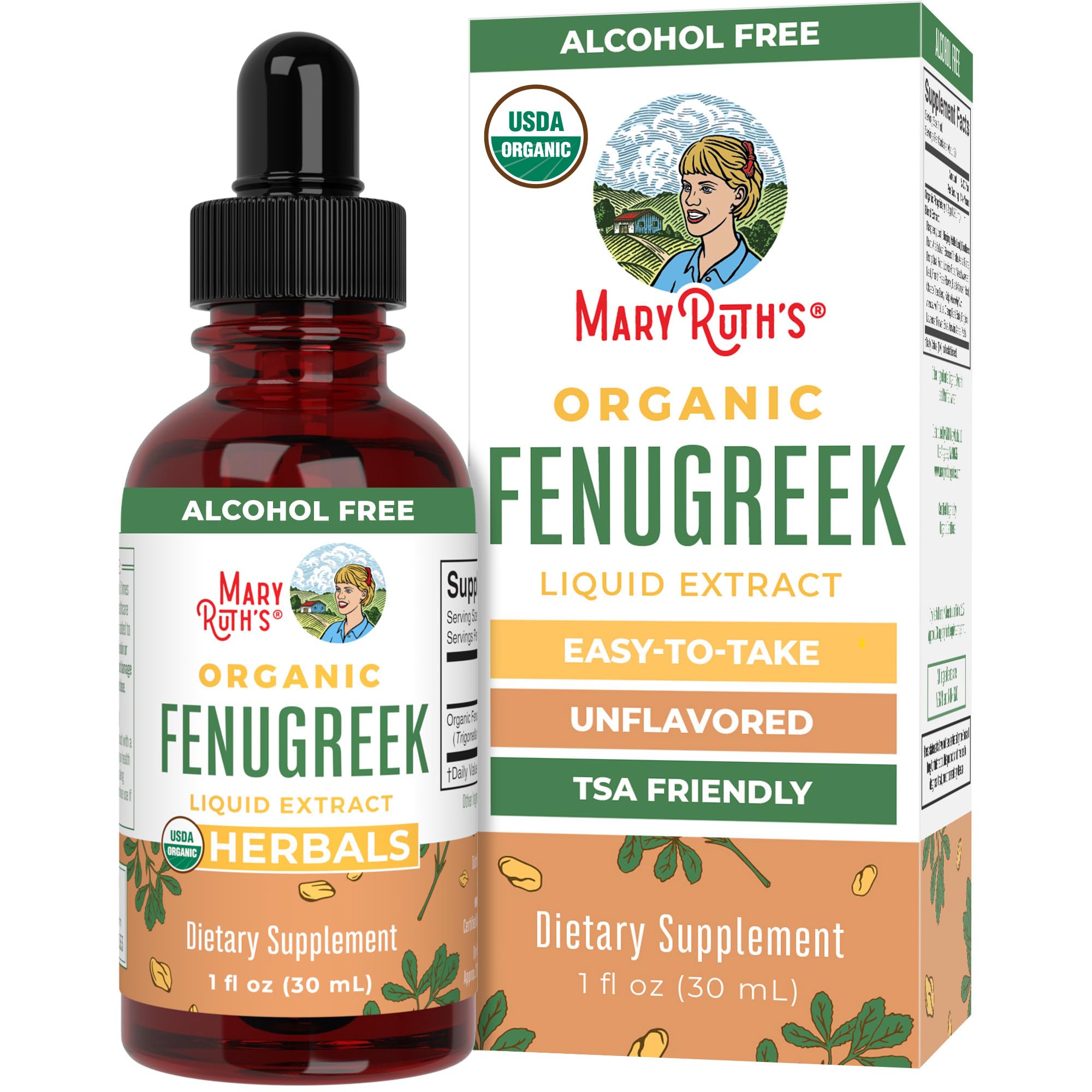 MARYRUTH'S front label showing the organic fenugreek extract, clear branding and benefits