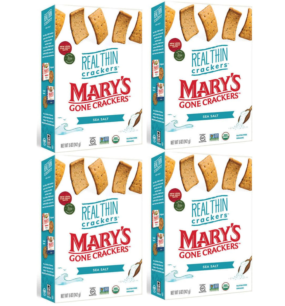 Mary's Gone Crackers front packaging showing sea salt flavor and pantry-ready convenience
