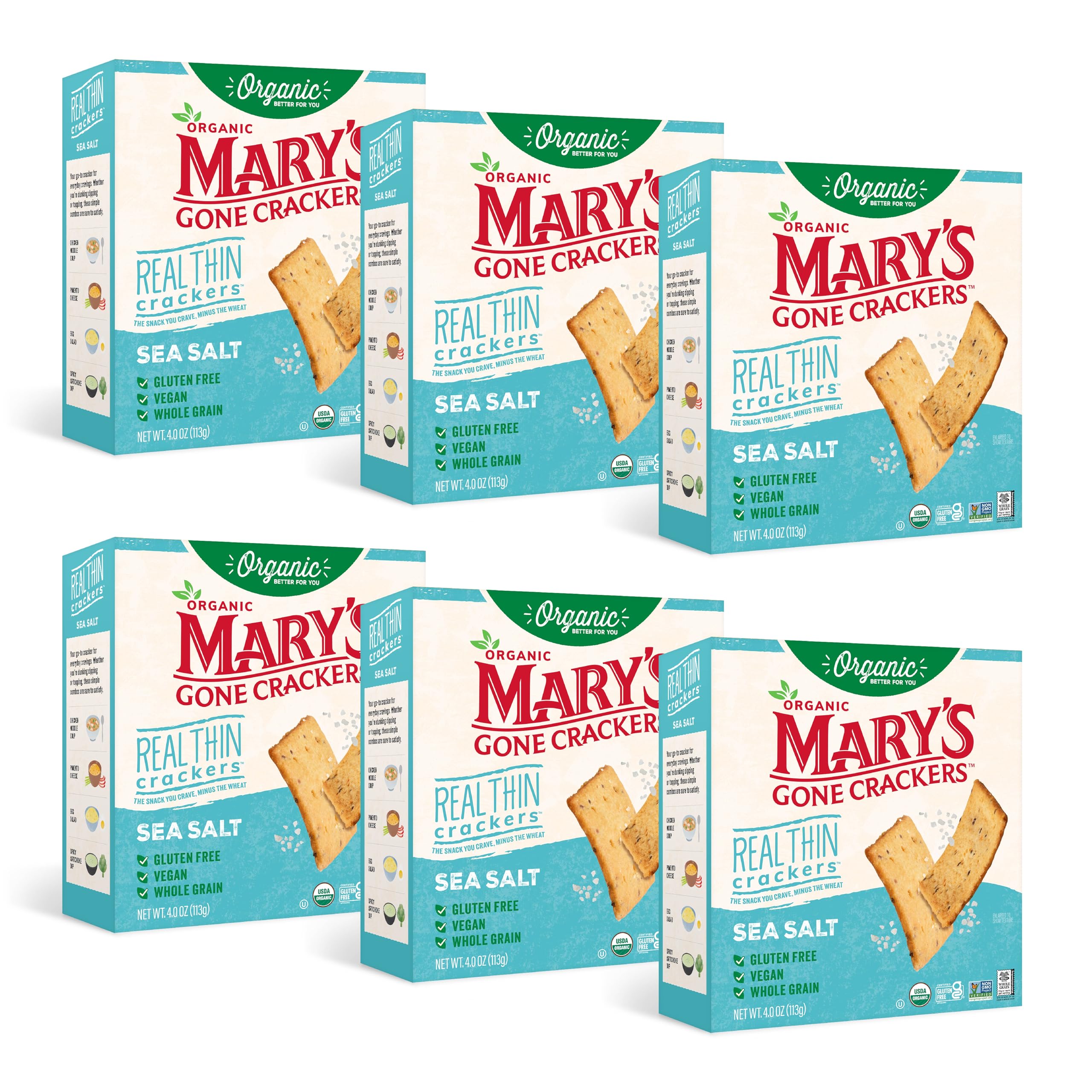 Mary's Gone Crackers front packaging shows sea salt flavor and organic badge, appealing shelf presence