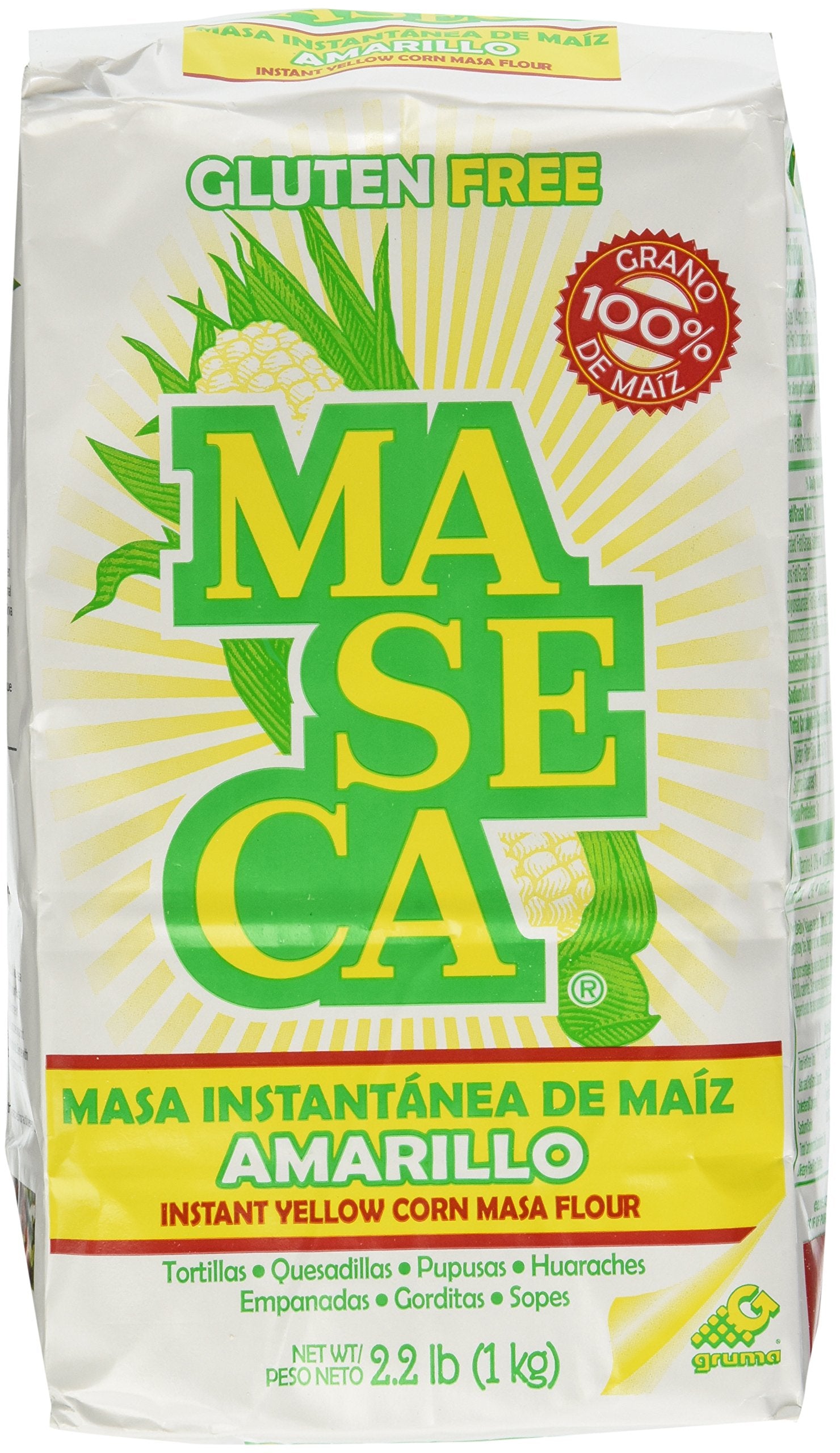 MASECA front packaging showing yellow corn masa flour and clear label benefits