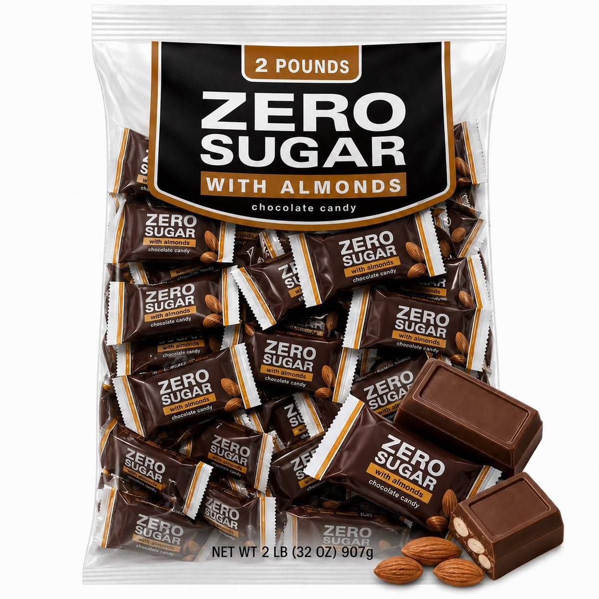 MASHBOX front packaging of zero sugar milk chocolate with almonds showing bulk bag benefit