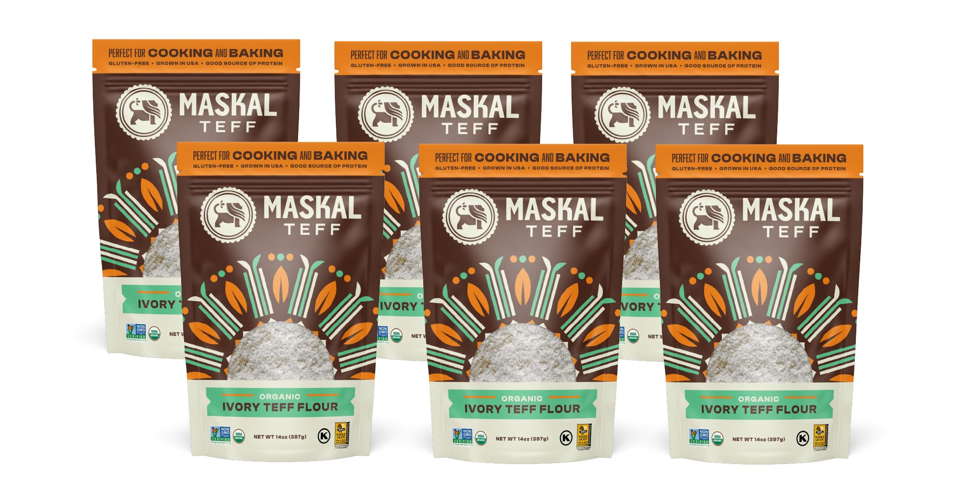 Maskal Teff front packaging showing product and organic label for pantry convenience