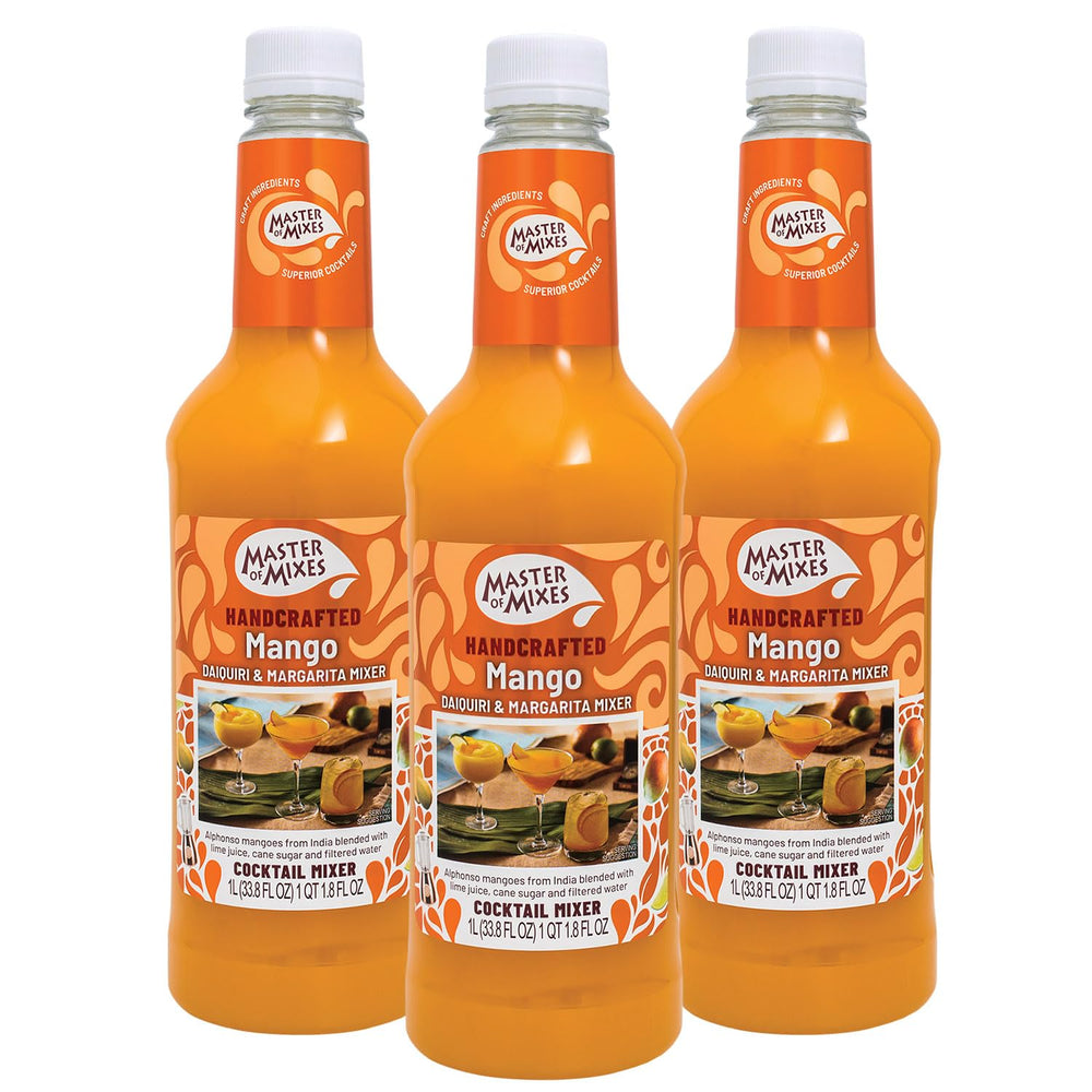 MASTER OF MIXES front packaging showing three 1L bottles and vibrant mango color