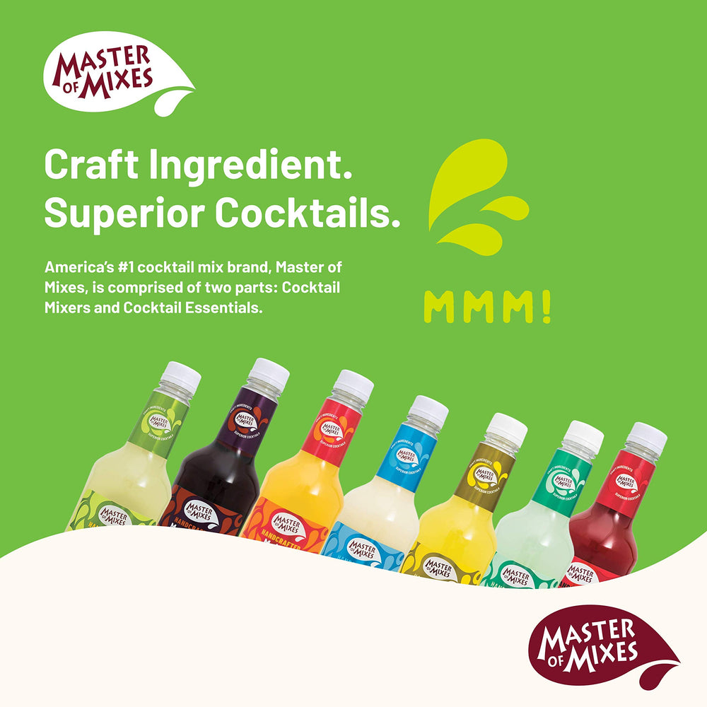 MASTER OF MIXES strawberries and key limes set next to bottle emphasizing real fruit