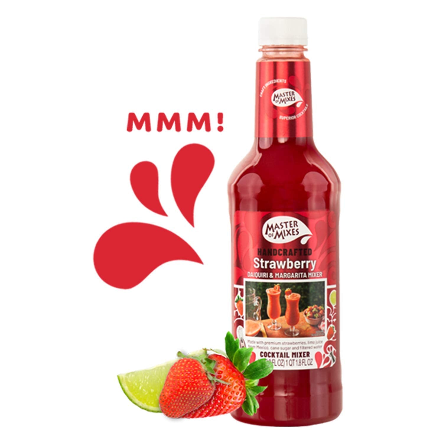 MASTER OF MIXES bottle held by hand to show 1.75L size and scale