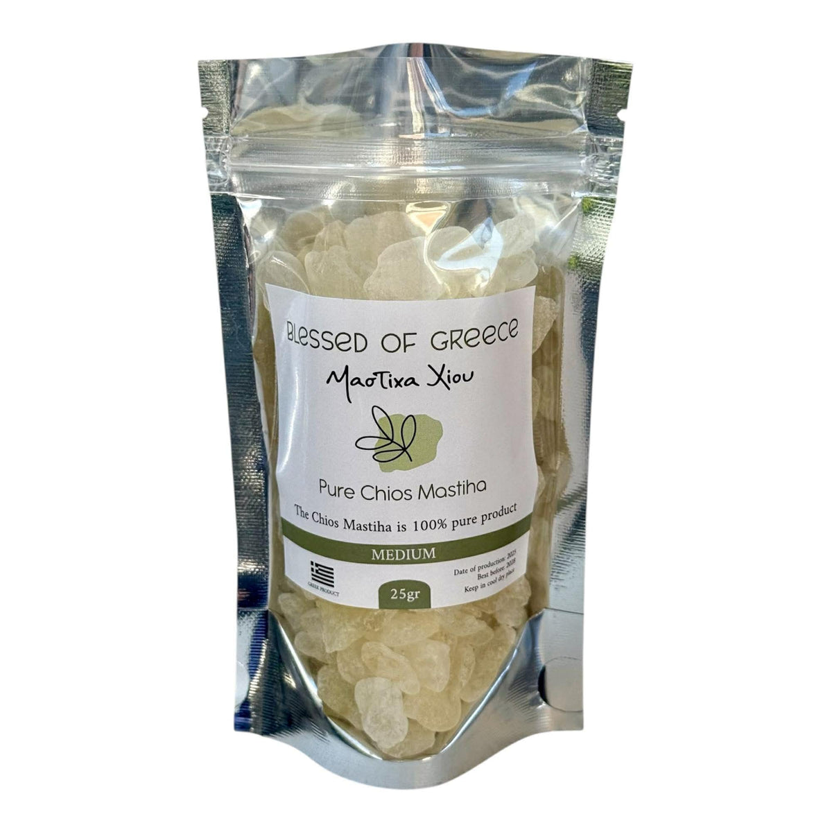 Mastic of Chios front packaging showing 25g pack and pure resin benefits