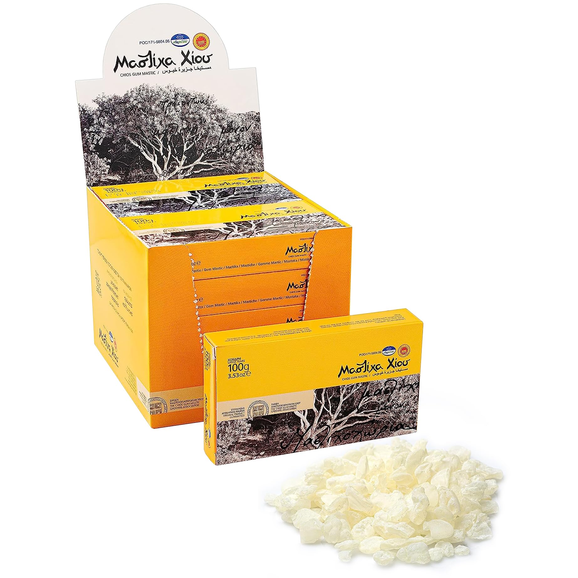 Mastiha Growers Association sealed pouch and storage detail illustrating preservation and longevity benefit