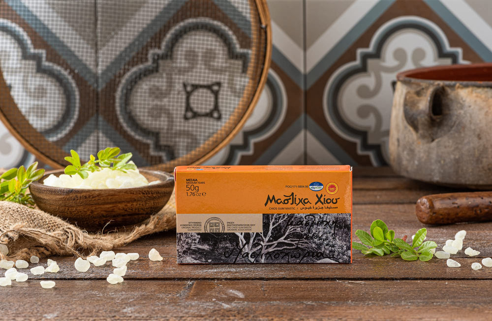 MASTIHASHOP label close-up with PDO certificate emphasizing traceable authenticity