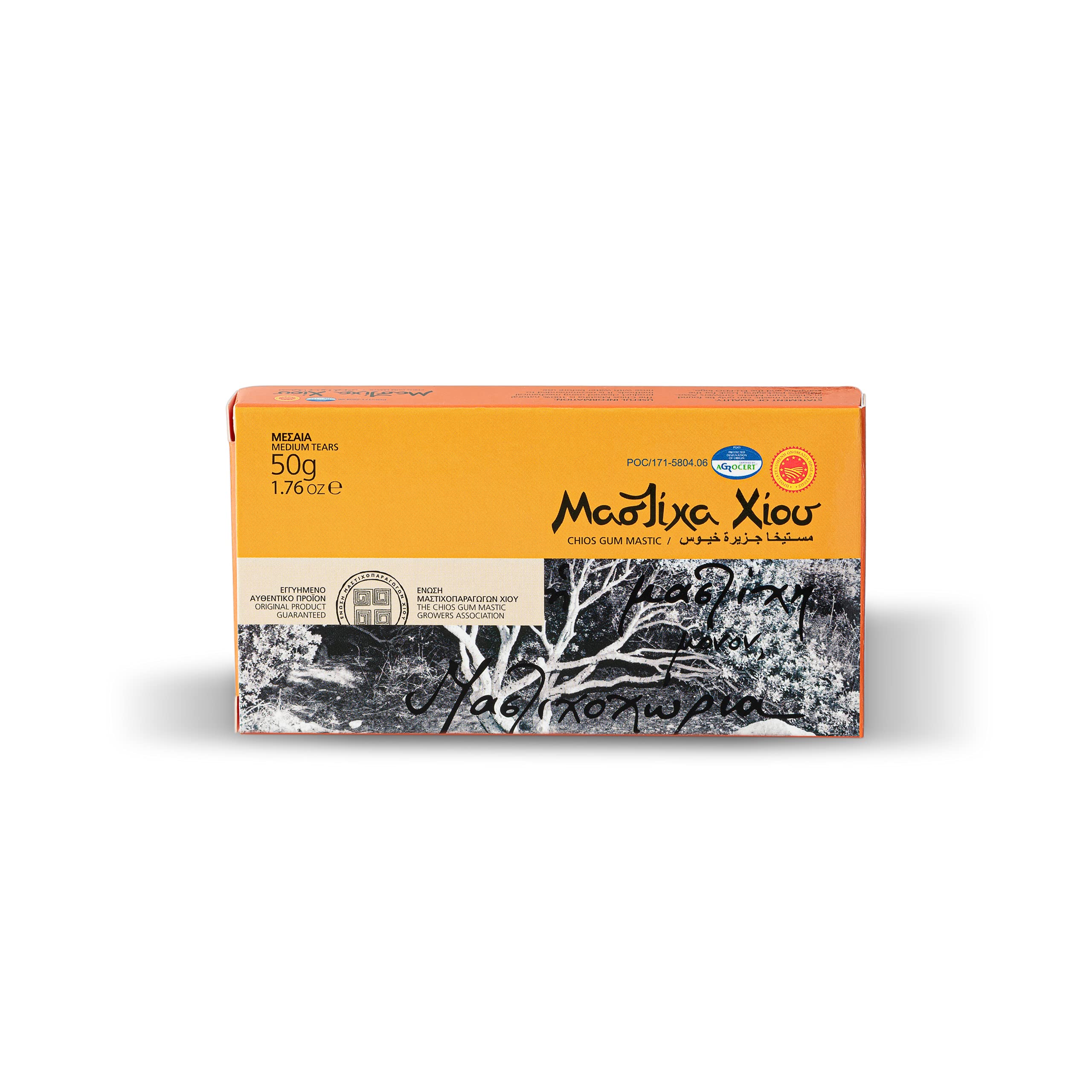 MASTIHASHOP front packaging showing authentic 50g Chios Mastic tears and PDO note