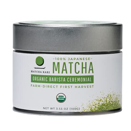 Matcha Kari Dr. Weil front tin showcasing fresh, barista-grade matcha