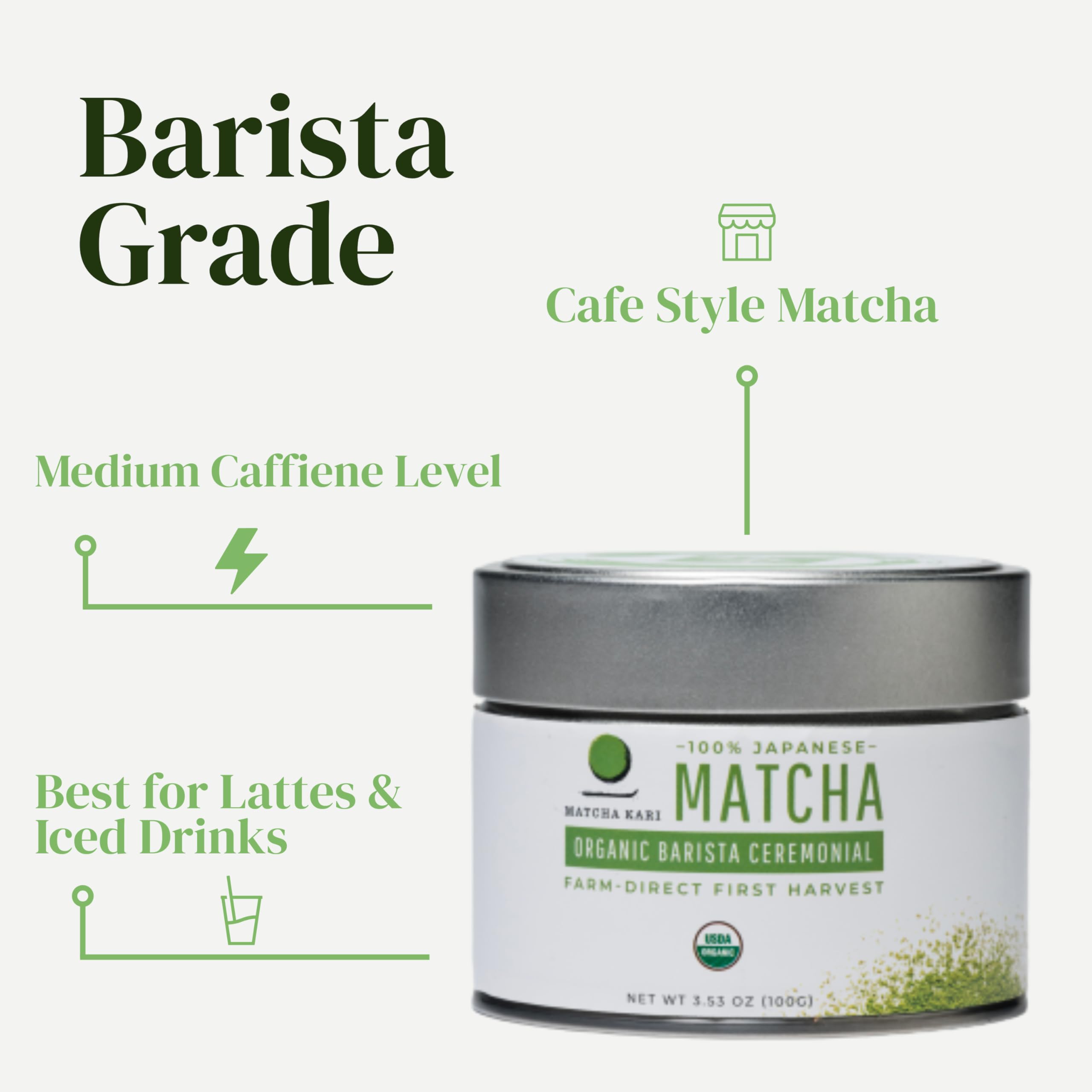 Matcha Kari matcha latte on counter showing vibrant color and foam