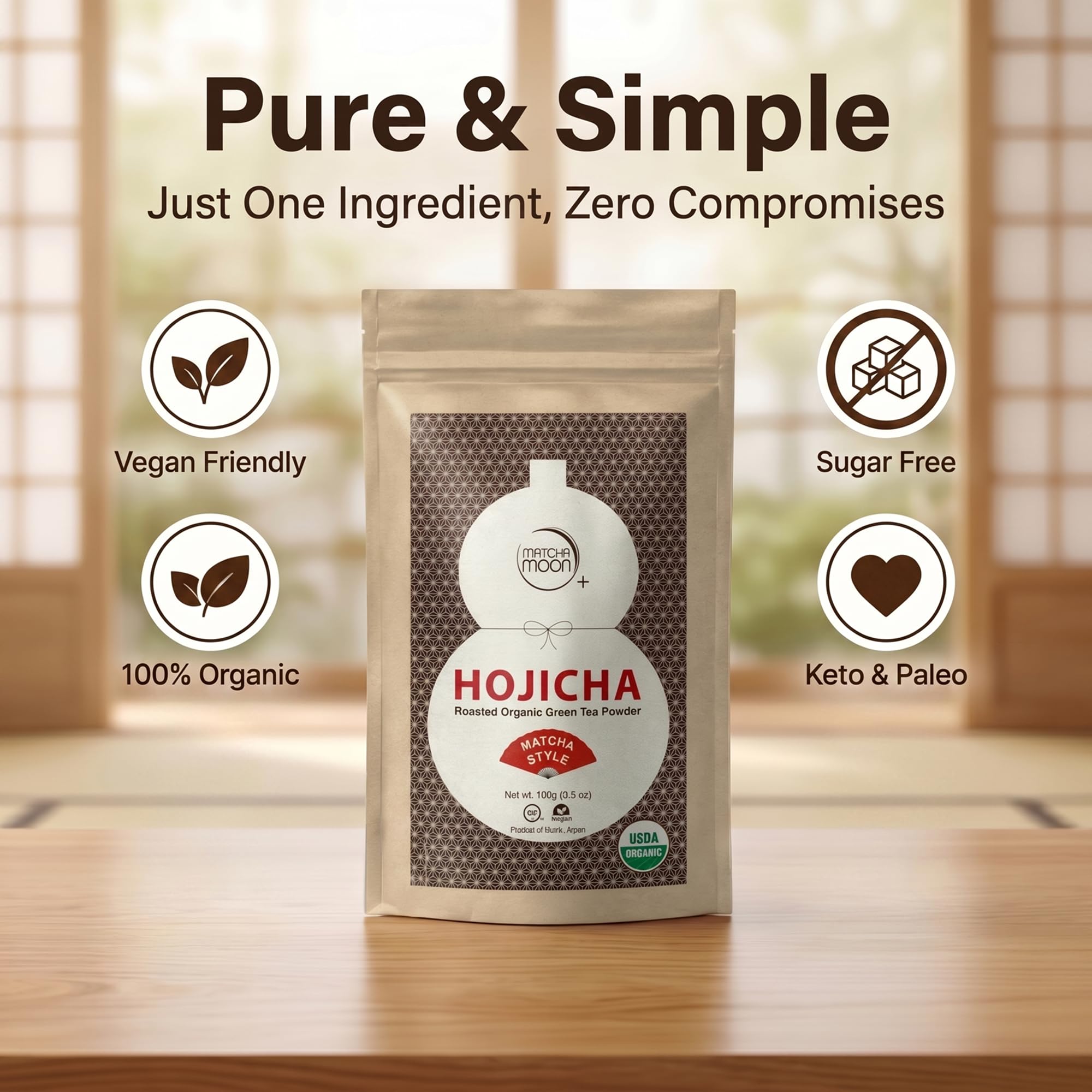 Matcha Moon 100g bag held in hand to show compact, travel‑friendly size
