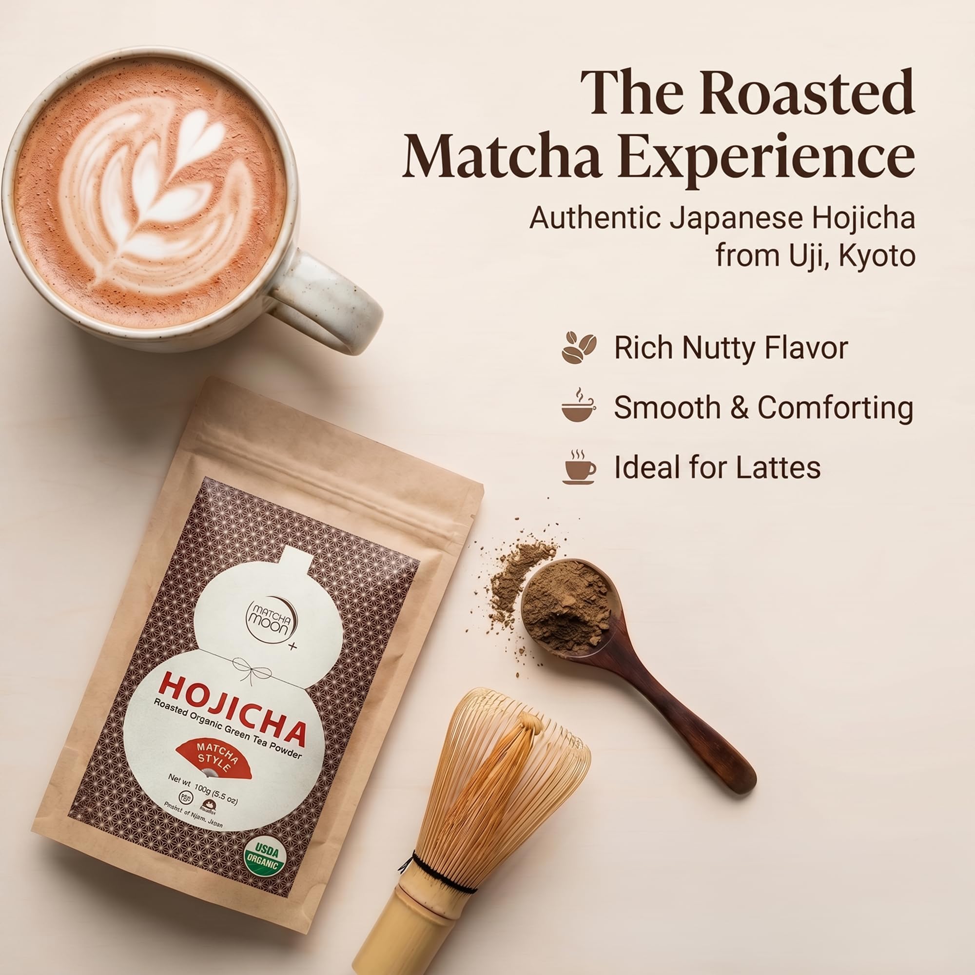 Matcha Moon hojicha powdered sprinkle on cake adding smoky depth to desserts