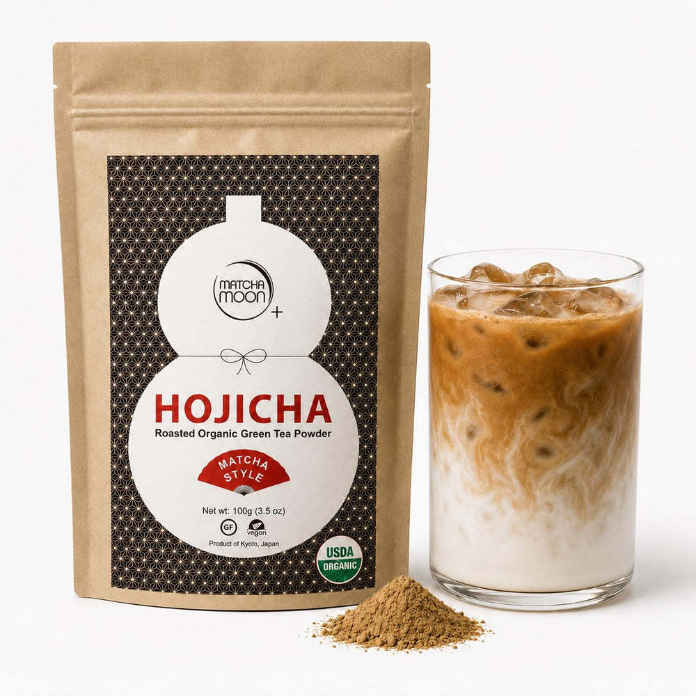Matcha Moon front packaging resealable bag shows premium organic hojicha benefits