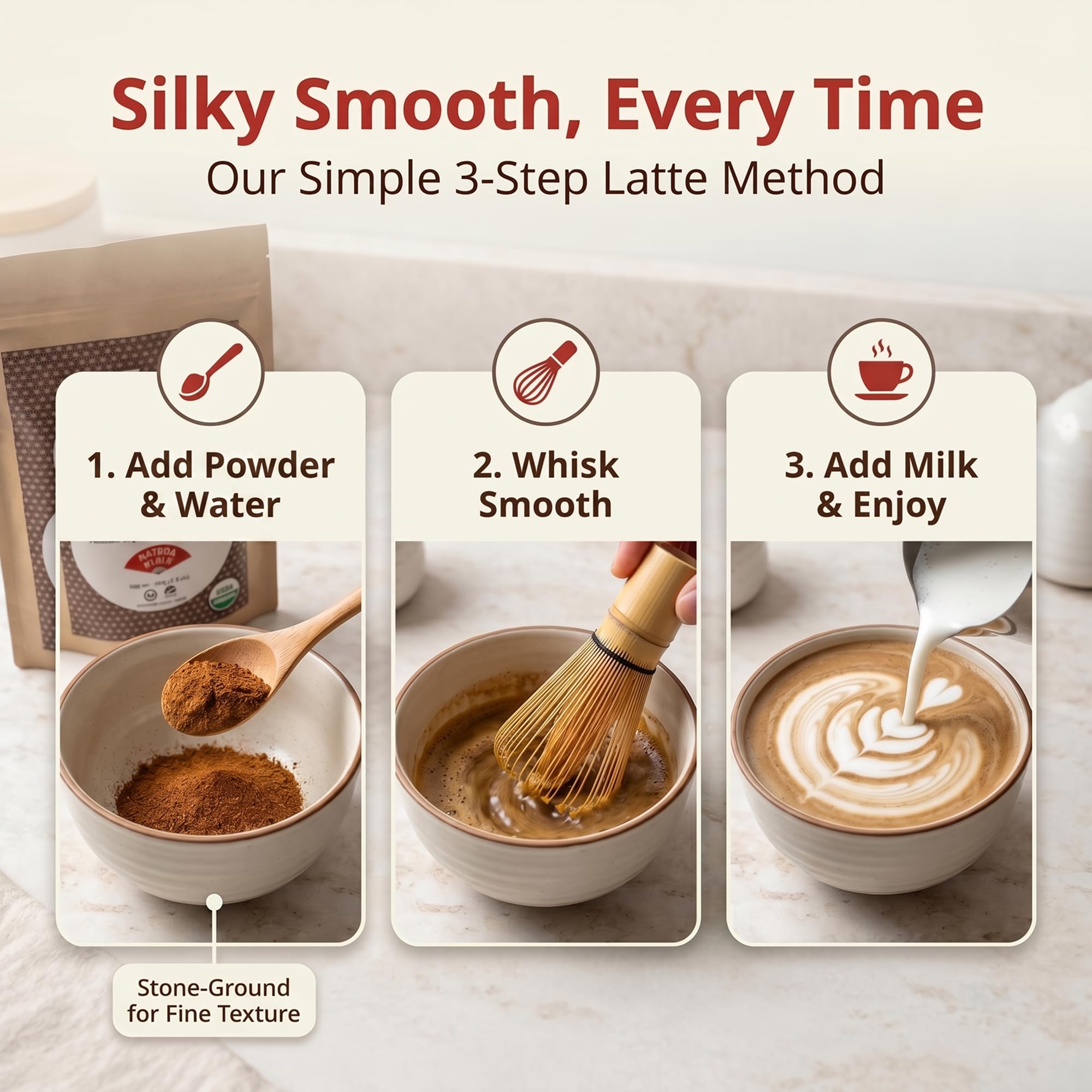 Matcha Moon wooden spoon scooping powder for precise serving and easy measuring