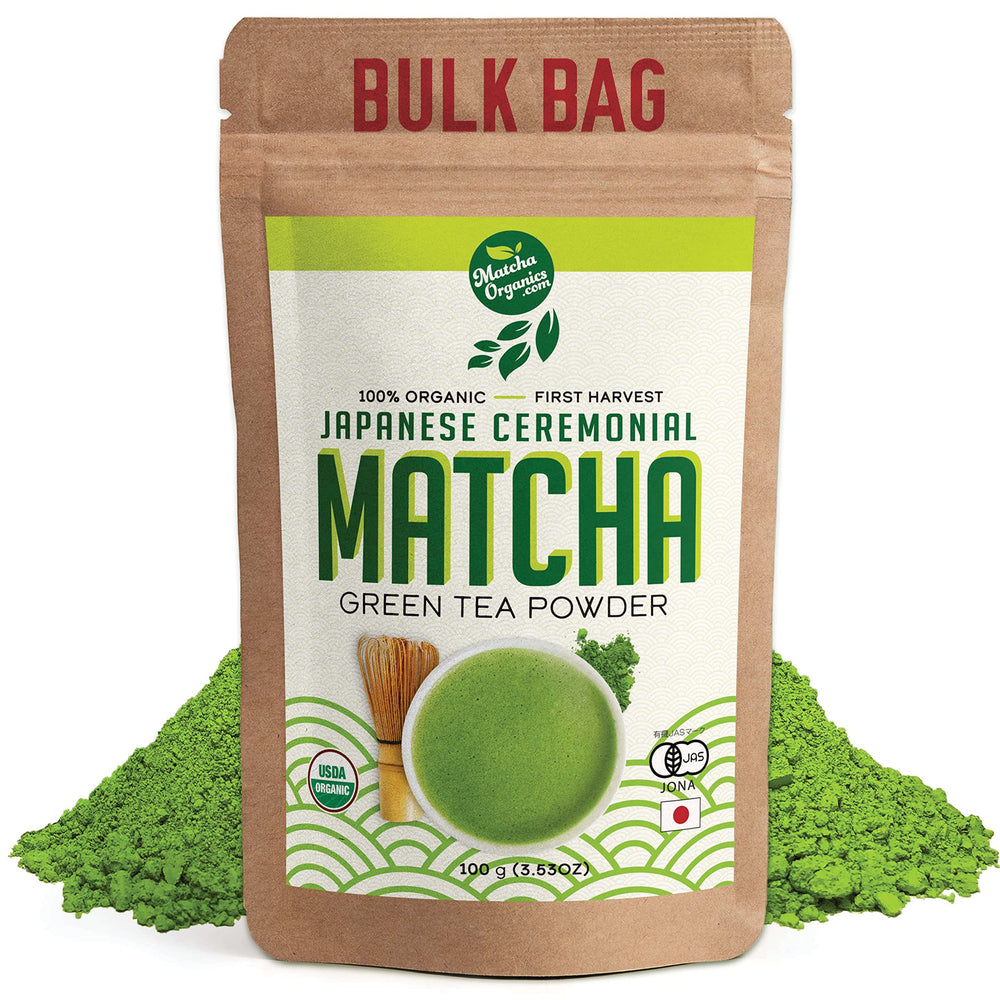 Matcha Organics front package showing label and vibrant green color benefit freshness