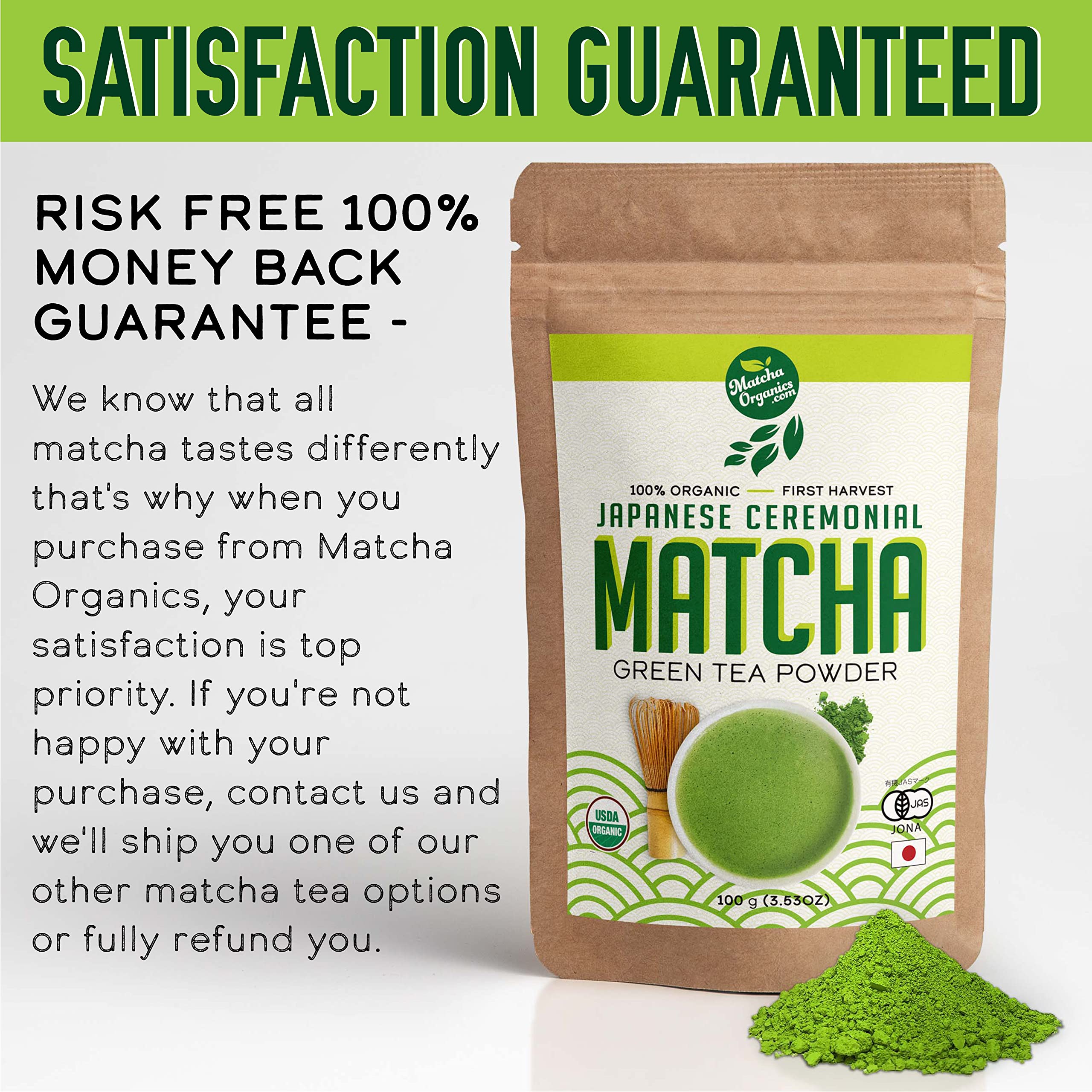 Matcha Organics sealed pouch open with oxygen absorber showing freshness protection benefit