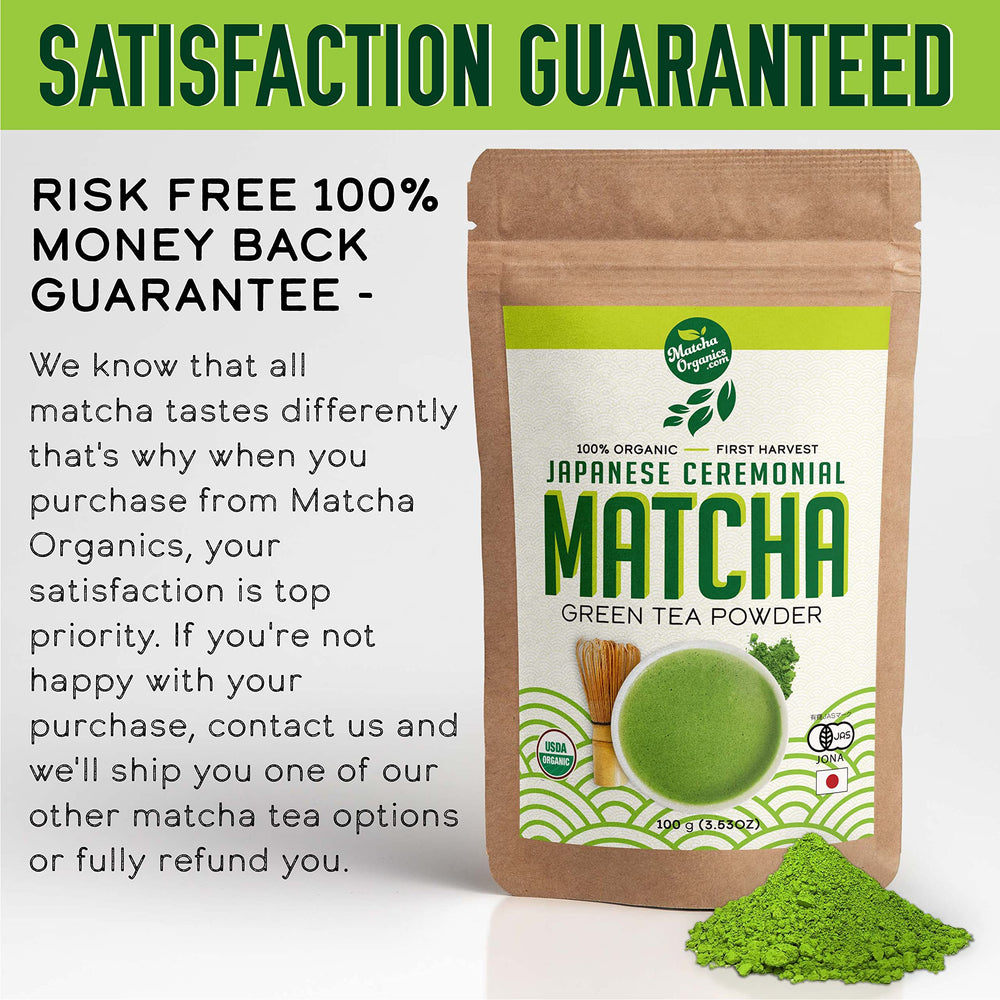 Matcha Organics sealed pouch open with oxygen absorber showing freshness protection benefit
