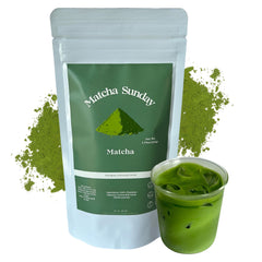Matcha Sunday front packaging showing 50g bag and resealable closure, fresh green color benefit