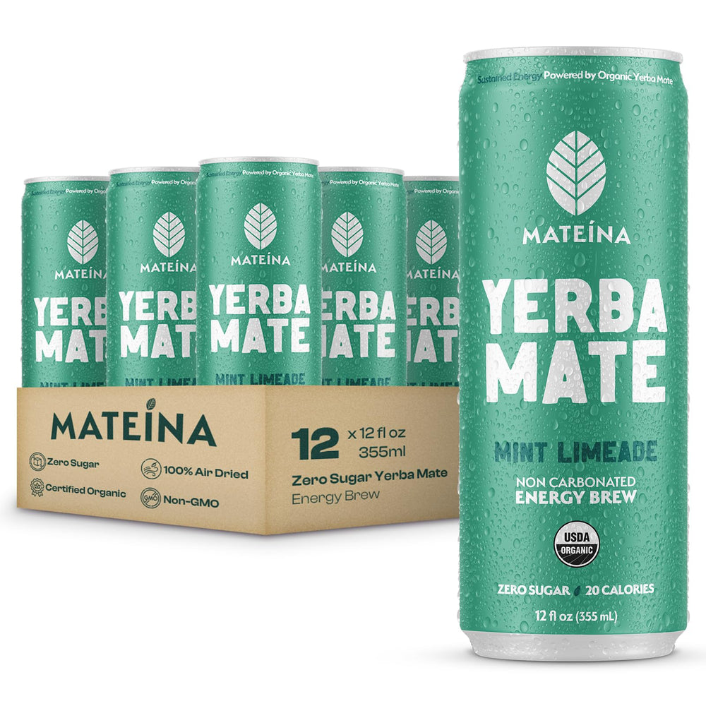 Mateina front packaging showing mint limeade flavor and clean energy benefits