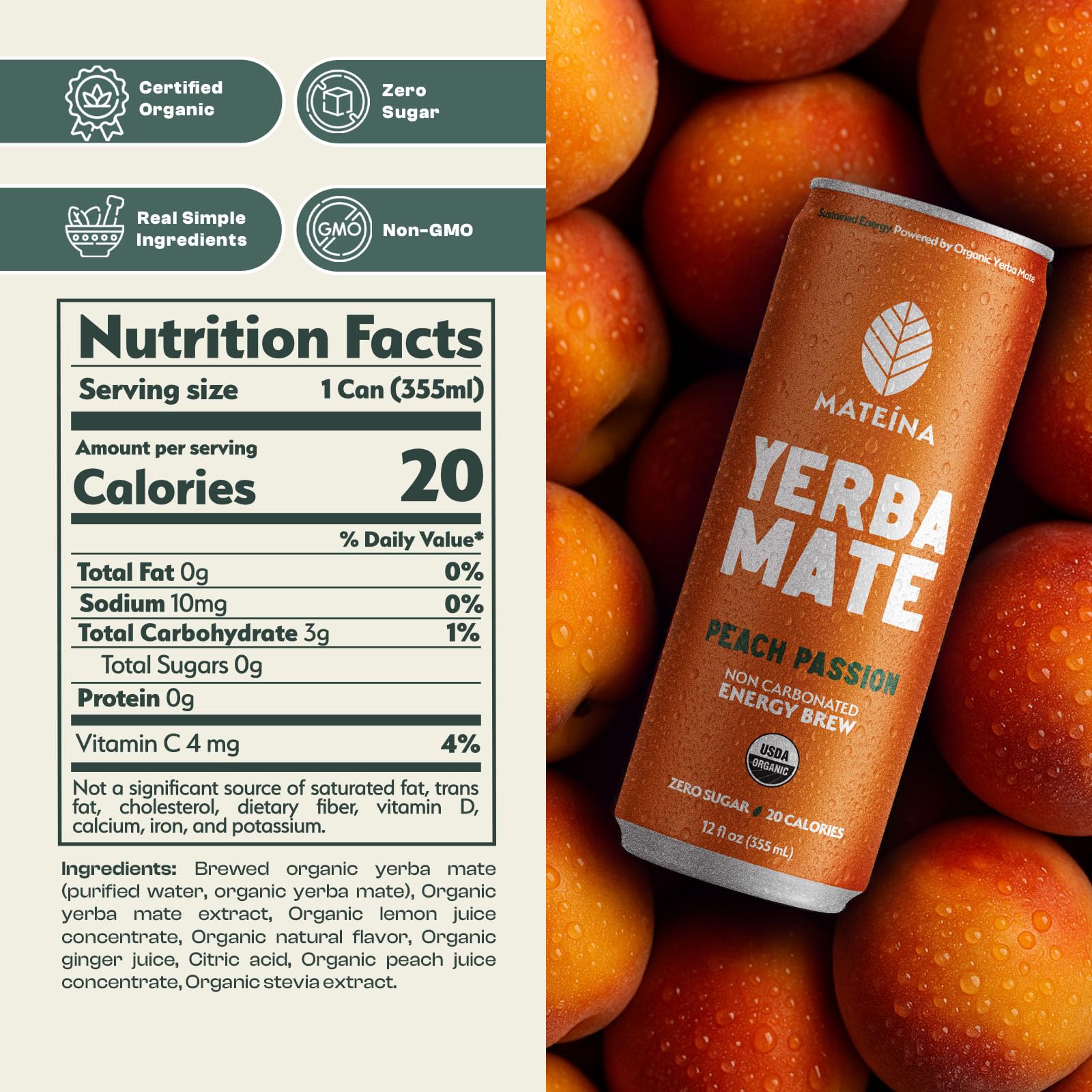 Mateina can side label with ingredients and certifications, clear ingredient transparency