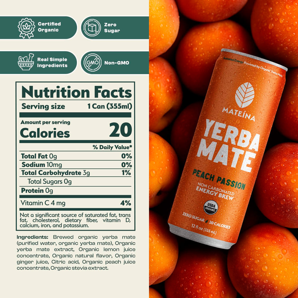 Mateina can side label with ingredients and certifications, clear ingredient transparency