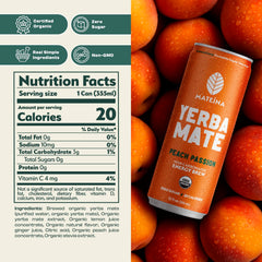 Mateina can side label with ingredients and certifications, clear ingredient transparency