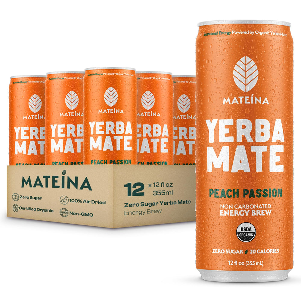 Mateina front packaging showing Peach Passion can and branding, refreshing energy