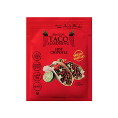 Mateo's front packaging showing 12 one-ounce hot chipotle taco seasoning packets and bold branding