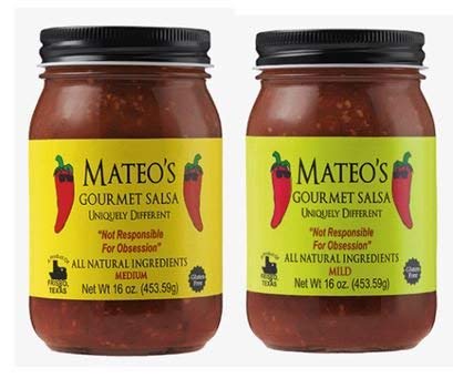 Mateo's jar front packaging showing medium and mild 16 oz jars, highlighting authentic Texas flavor