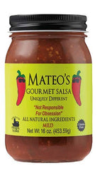 Mateo's salsa served on a table with chips, demonstrating convenient party-ready use and variety