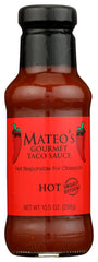 Mateo's hot taco sauce bottle front adds bold habanero heat to tacos