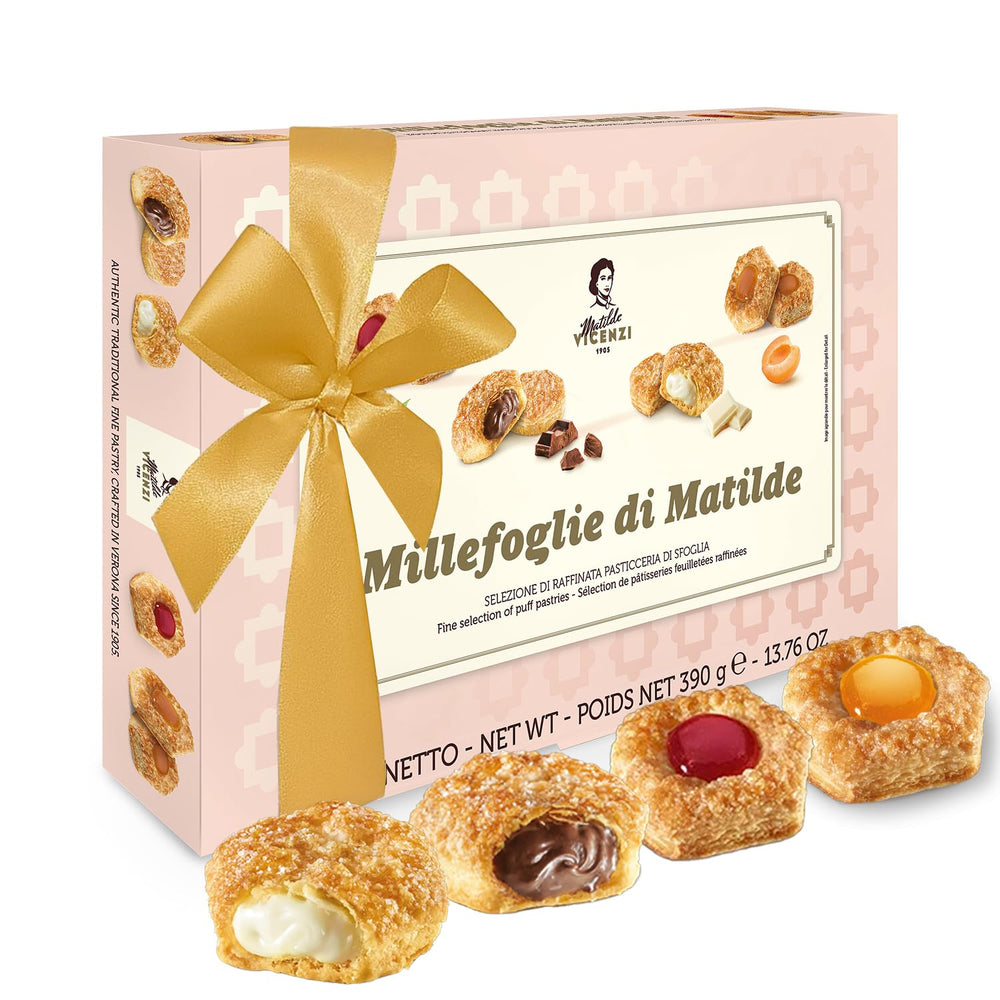 Matilde Vicenzi front box view showcasing gift-ready Italian pastries and elegant packaging