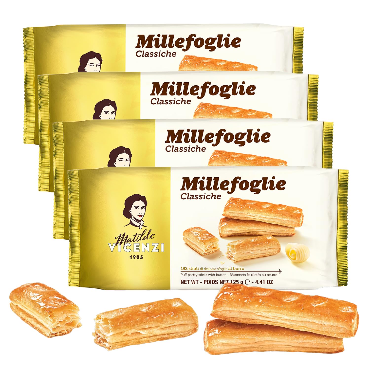 Pasticceria Matilde Vicenzi front packaging showing elegant 4-pack and Italian origin benefits