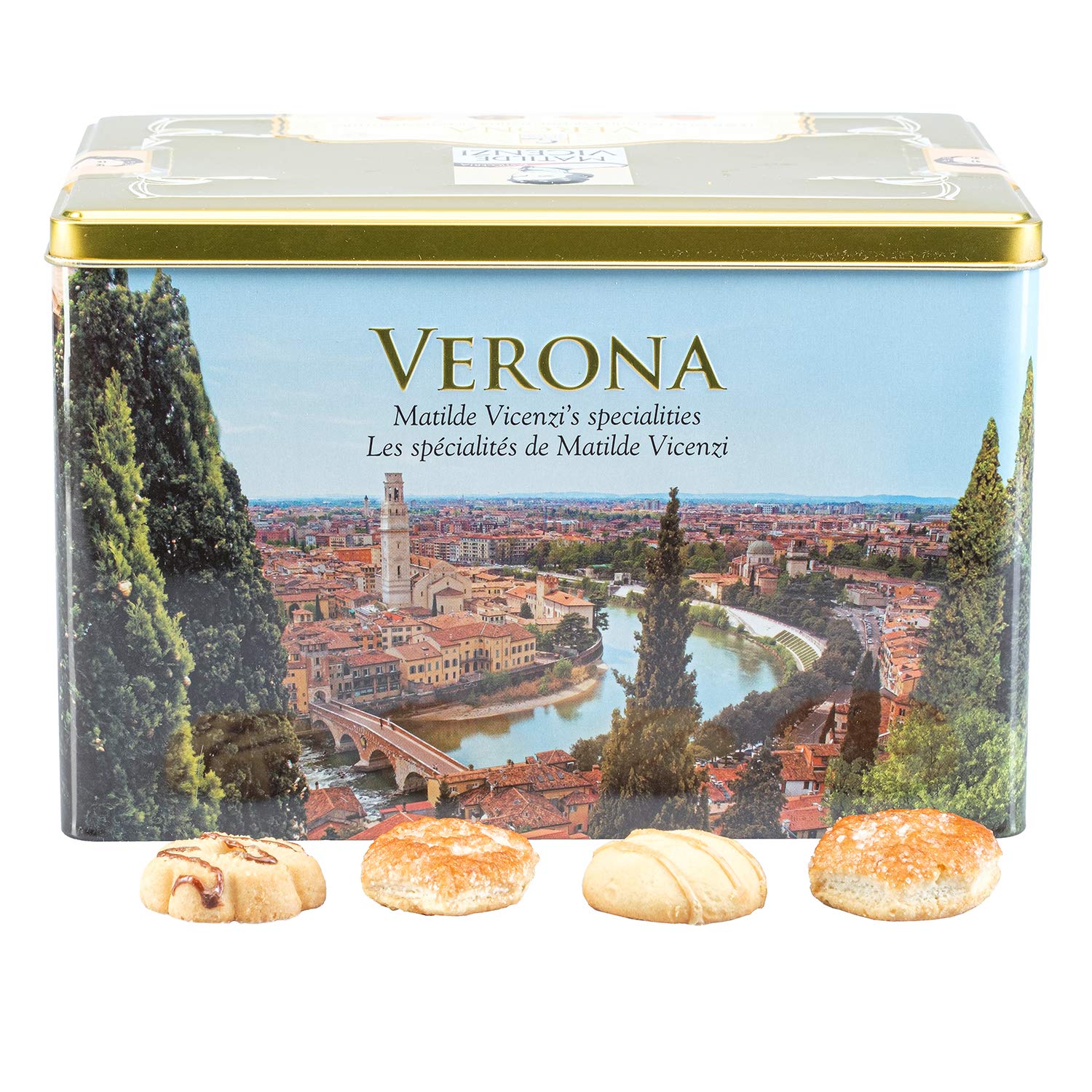 Matilde Vicenzi front tin view showcasing decorative Verona artwork and gift appeal