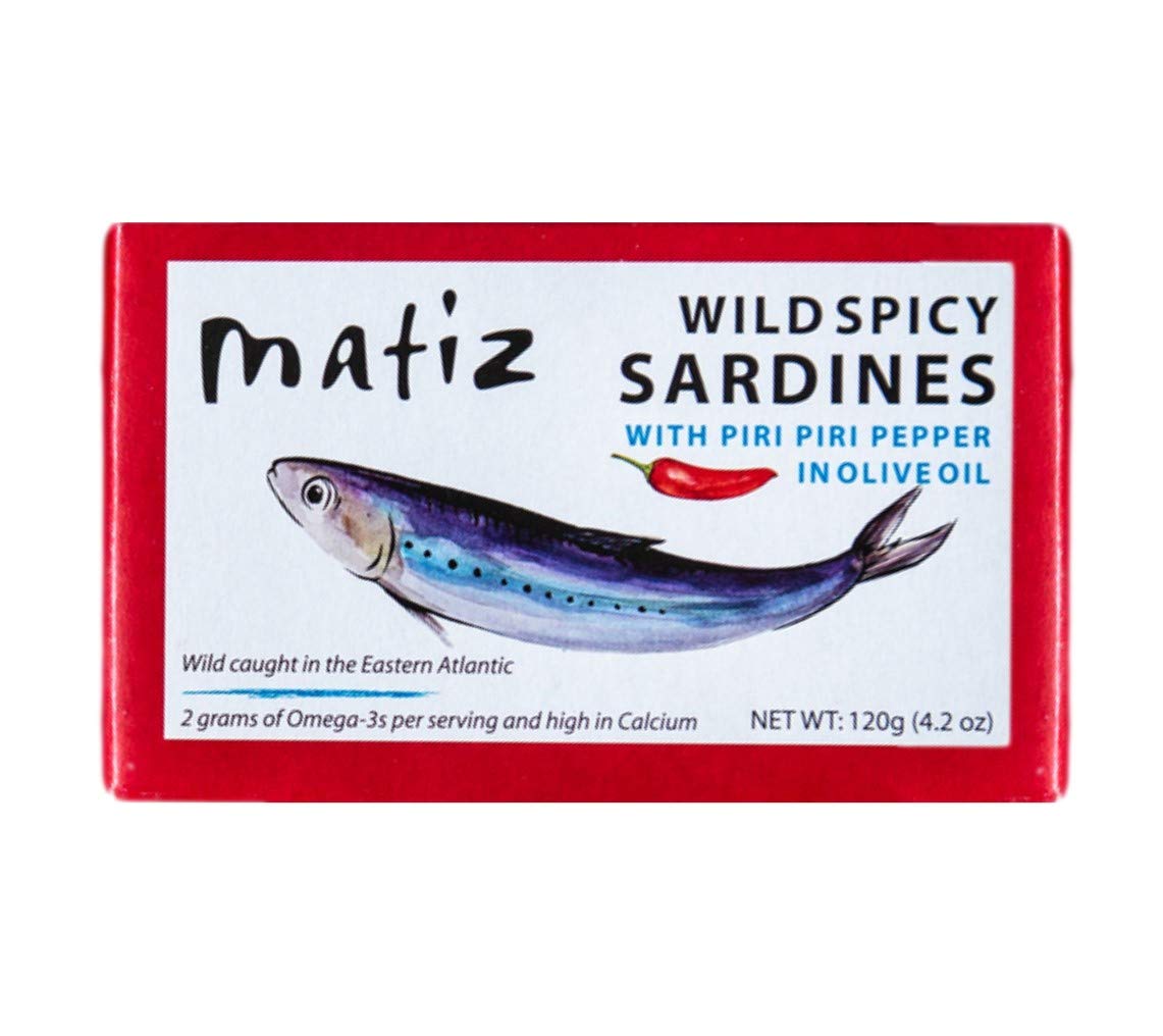 Matiz front packaging showing spicy sardines pack and brand benefit