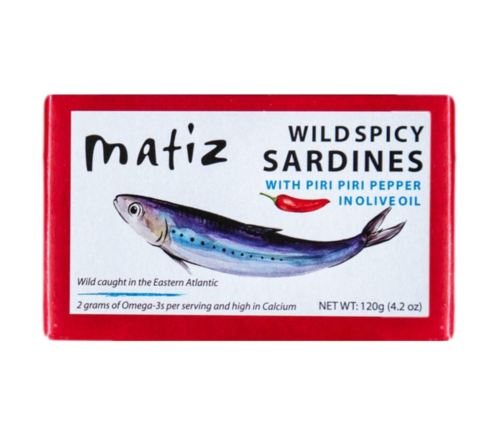 Matiz front packaging showing spicy sardines pack and brand benefit