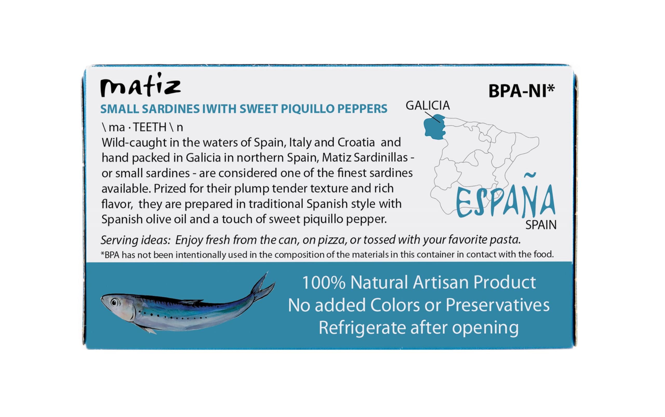 Matiz open tin with sardinillas and oil showcasing ready-to-eat convenience